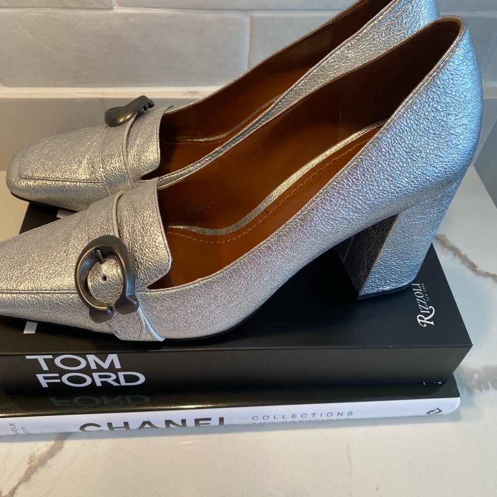 Coach silver high heel loafers size 9.5
